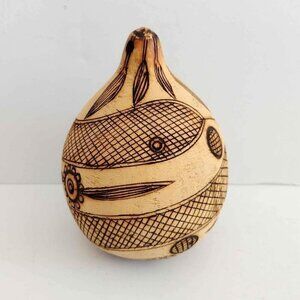 Vintage Hand Carved Peruvian Gourd Lattice Floral Leaf Design Folk Art Musical R